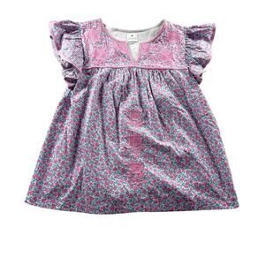 J. Marie Top Womens Size S Embroidered Pink Blue Floral Flutter Sleeve Coquette